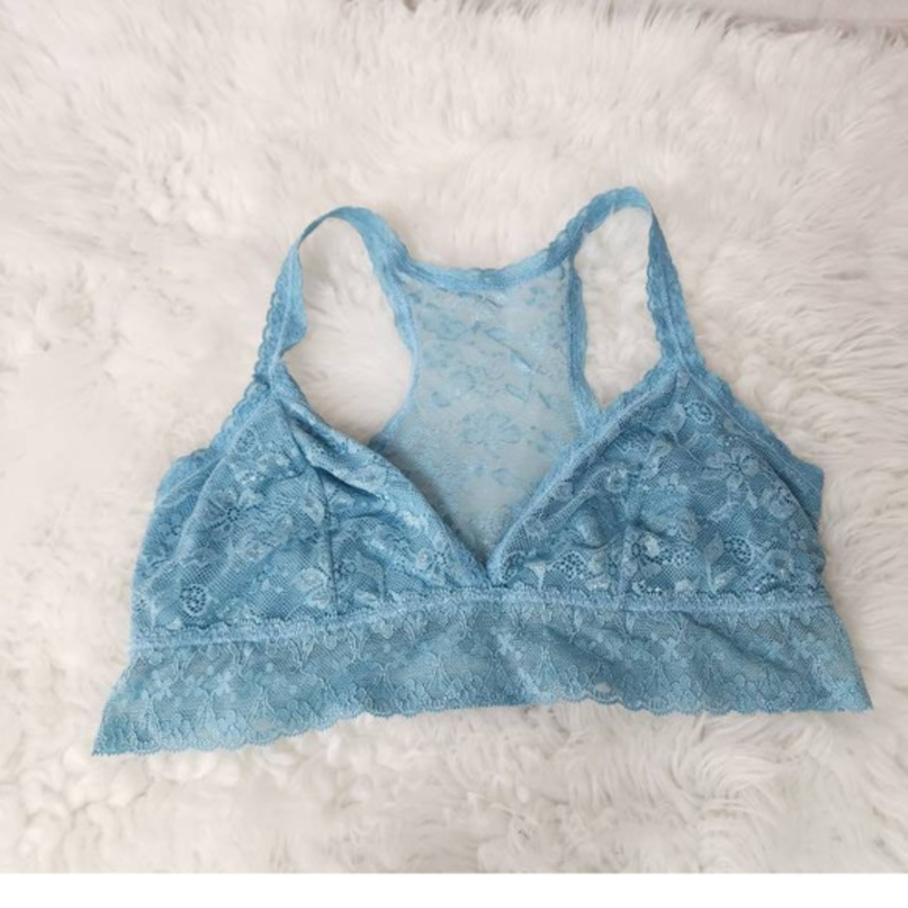 Bralette Bra Womens Blue Floral Wire Free Sexy Pullover Lace Nylon Blend‎ M